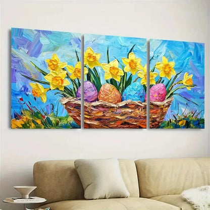 3pcs Basket Art with Daffodils & Colorful Eggs Wall Art Set Canvas Framed 50x70cm - High Quality Print 100% Australian Made Wall Canvas Ready to Hang - Bella Home Decor