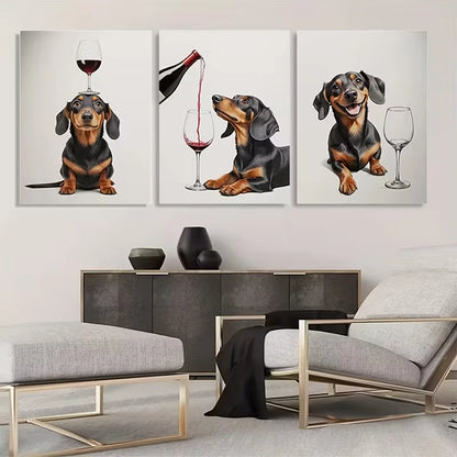 3pcs Sausage Dog Wine Series       Wall Art Set Canvas Framed 50x70cm - High Quality Print 100% Australian Made Wall Canvas Ready to Hang