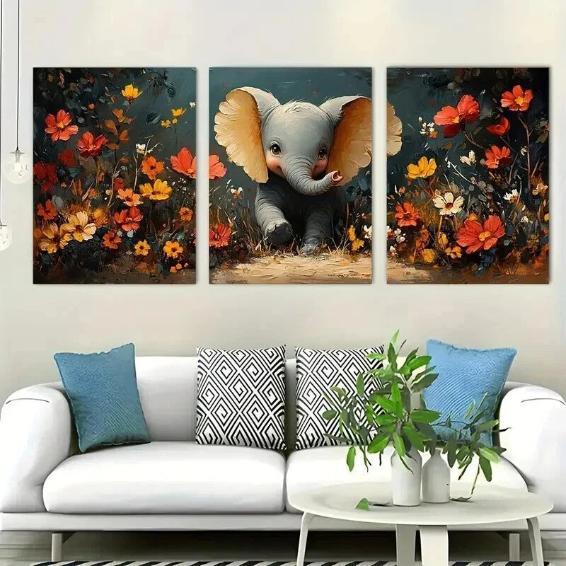 3pcs Playful Elephants Wildflower Perfect Wall Art Set Canvas Framed 60x90cm - High Quality Print 100% Australian Made Wall Canvas Ready to Hang - Bella Home Decor