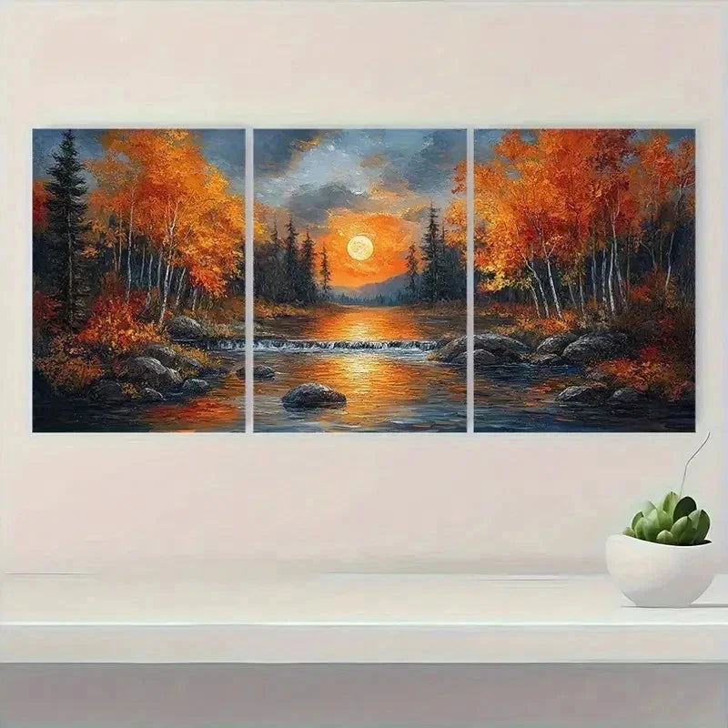 3pcs Autumn Moonlit Forest Canvas Art Wall Art Set Canvas Framed 60x90cm - High Quality Print 100% Australian Made Wall Canvas Ready to Hang - Bella Home Decor