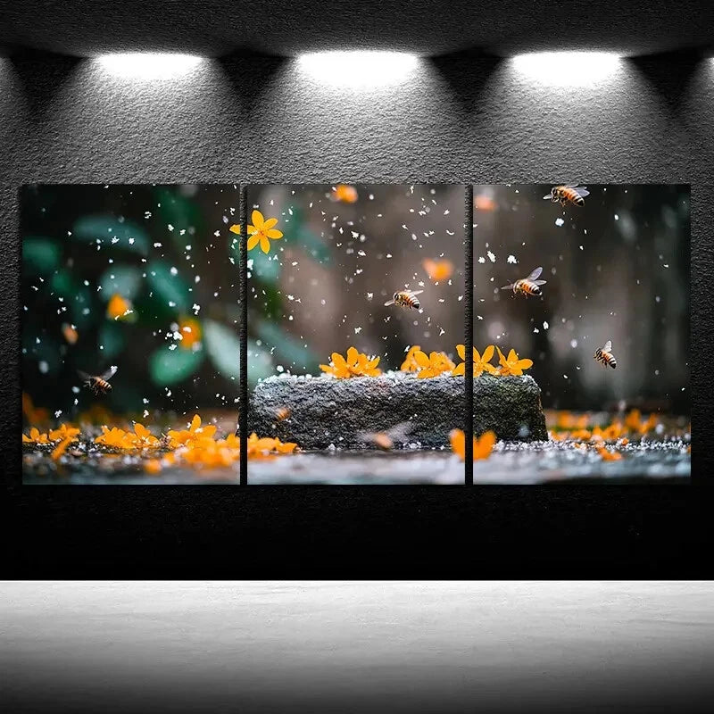 3pcs Bees on Osmanthus Green Leaves Metal Print Ready to Hang Art - Bella Home Decor
