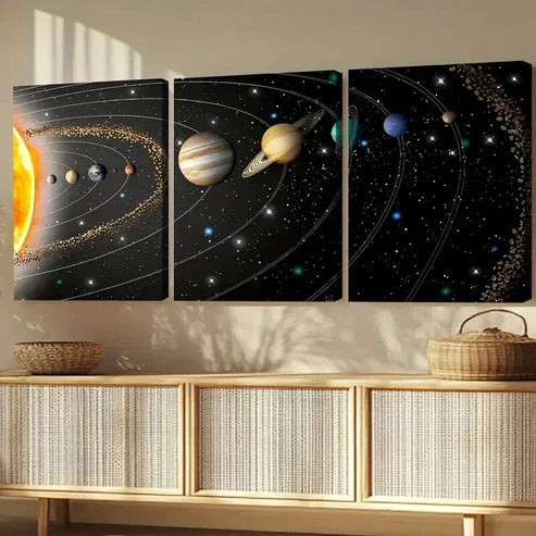 3pcs Modern Cosmic Art Black Line & Space Sun Wall Art Canvas Unframed - High Quality Print 100% Australian Made Wall Canvas