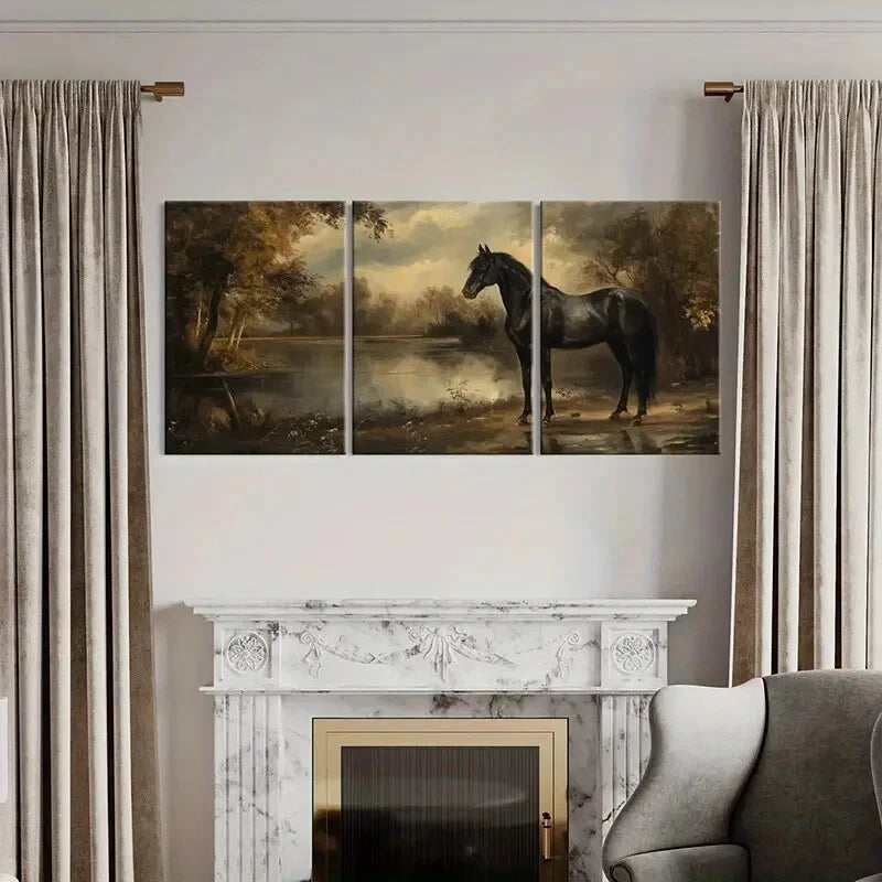 3pcs Black Horse Serene Lake Autumn Trees Metal Print Ready to Hang Art - Bella Home Decor