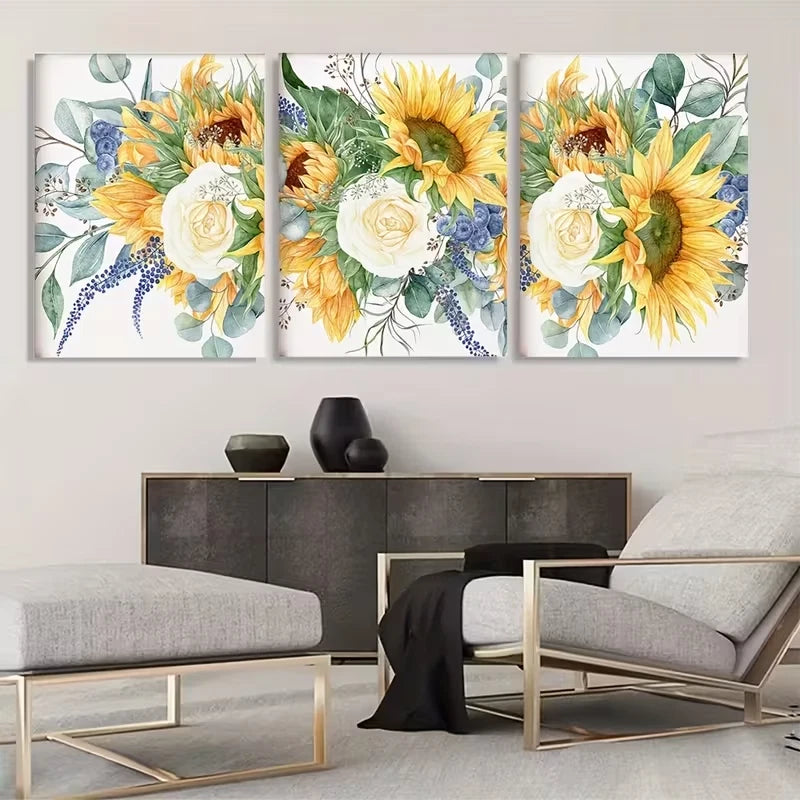 3pcs Sunflower Bohemian Floral Decor  Wall Art Set Canvas Framed 60x90cm - High Quality Print 100% Australian Made Wall Canvas Ready to Hang - Bella Home Decor