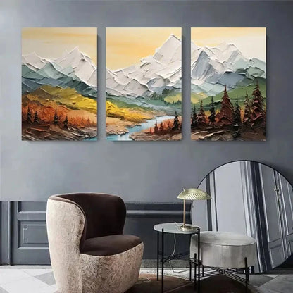 3pcs  Scenic Mountain River & Forest Oil Painting Metal Print Ready to Hang Art - Bella Home Decor