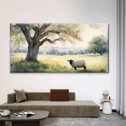 Sheep Under Tree Meadow Wall Art Canvas Office Home Room Framed 120x60cm