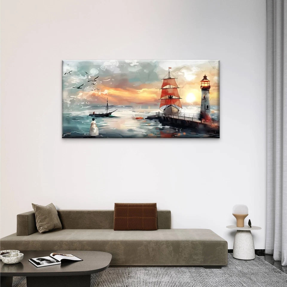 Lighthouses And Ships At Sunset Wall Art Canvas Office Home Room Framed 120x60cm