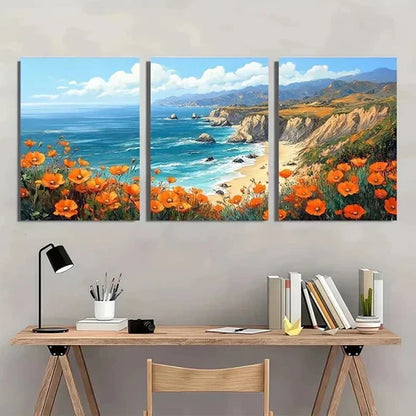 3pcs Big Sur Poppy California Coastal Wall Art Canvas Unframed - High Quality Print 100% Australian Made Wall Canvas - Bella Home Decor