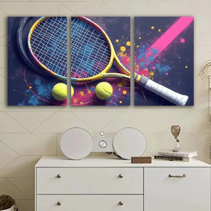 3pcs Tennis Racket And Ball Wall Art Set Canvas Framed 50x70cm - High Quality Print 100% Australian Made Wall Canvas Ready to Hang