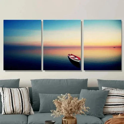 3pcs Serene Sunset Boat Blue & Orange Sky Wall Art Set Canvas Unframed - High Quality Print 100% Australian Made Wall Canvas