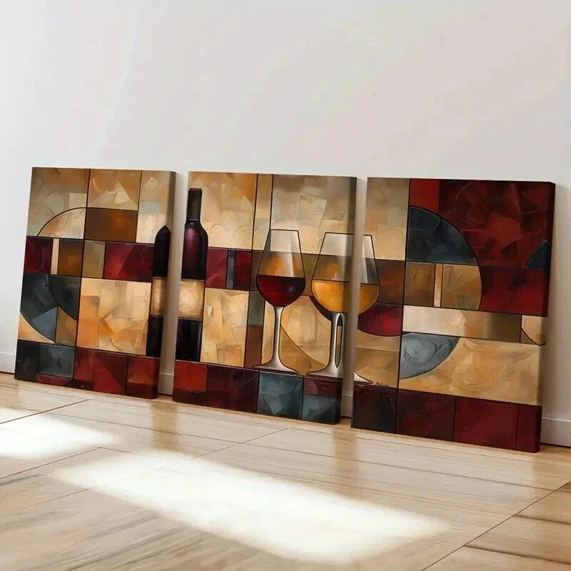 3pcs Abstract Wine Bottle And Glasses Artwork Wall Art Set Canvas Framed 50x70cm - High Quality Print 100% Australian Made Wall Canvas Ready to Hang - Bella Home Decor