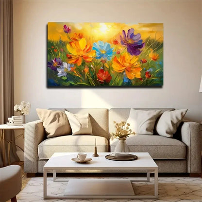 Vibrant Wildflower Sunset Wall Art Canvas Office Home Room Framed 120x60cm