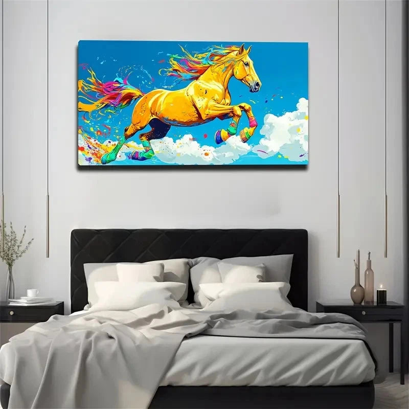 Vibrant Watercolor Horse Wall Art Canvas Office Home Room Framed 120x60cm
