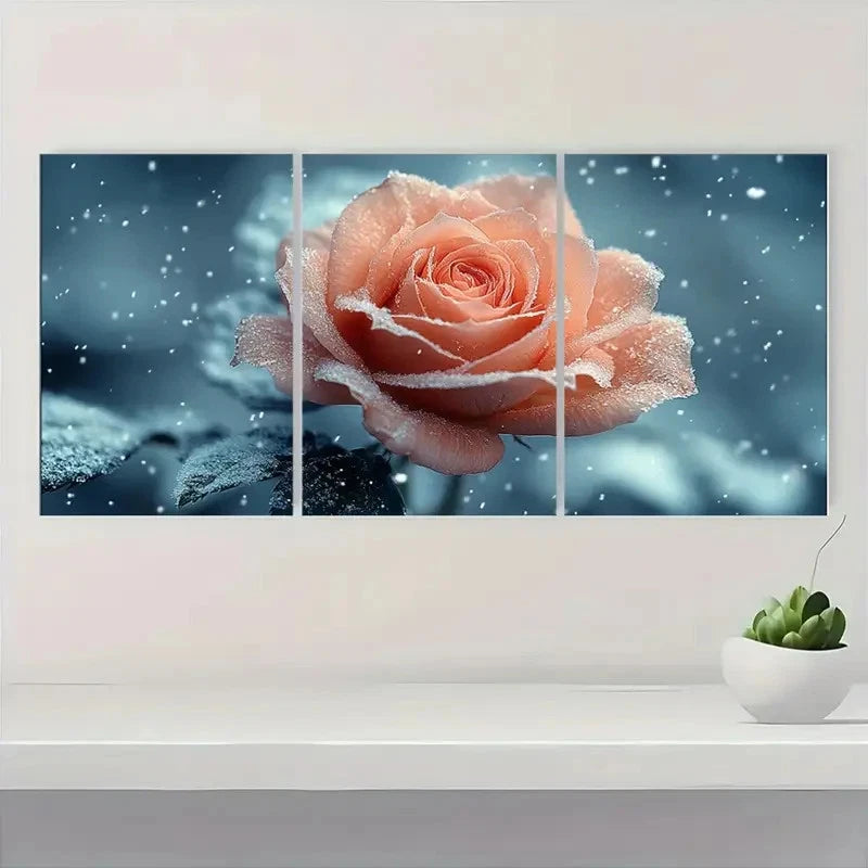 3pcs Pink Rose  Snowy Winter Scene  TR    Wall Art Set Canvas Framed 50x70cm - High Quality Print 100% Australian Made Wall Canvas Ready to Hang