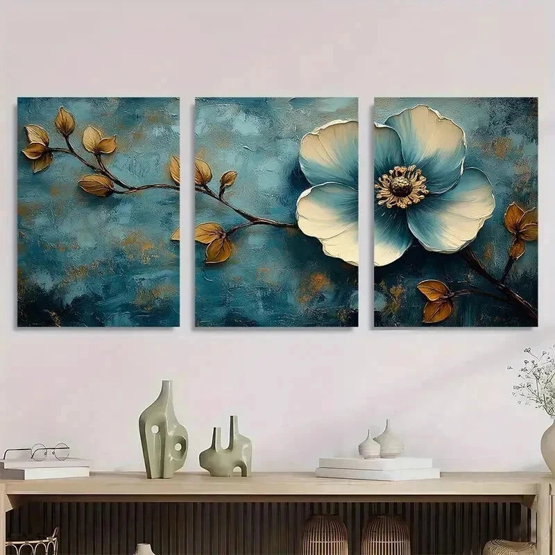3pcs Jade Flower Perfect Blue Perfect Wall Art Set Canvas Framed 50x70cm - High Quality Print 100% Australian Made Wall Canvas Ready to Hang - Bella Home Decor