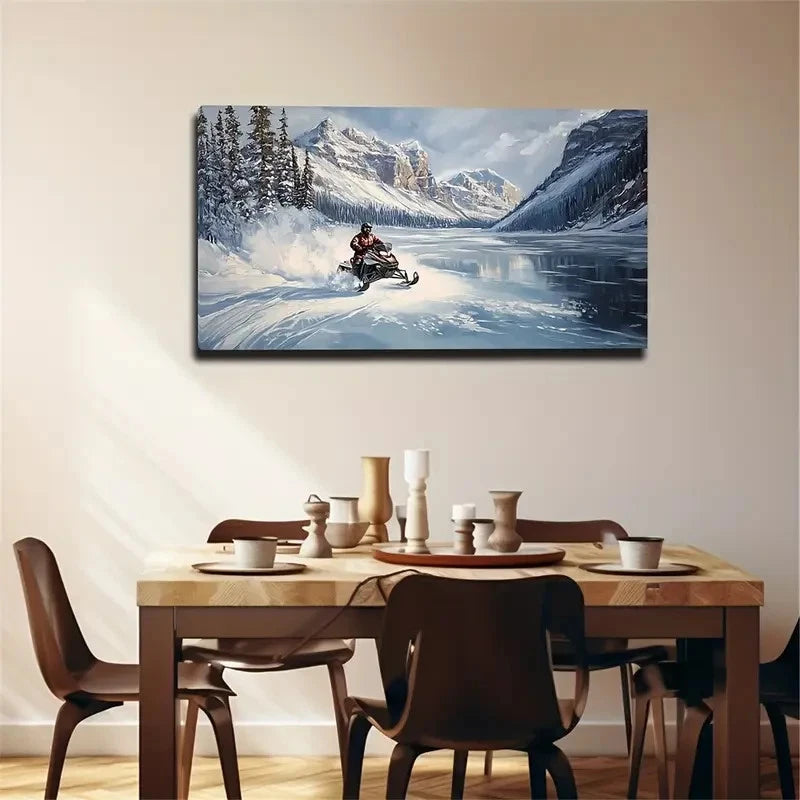 Vibrant Snowmobile Ride Lake Wall Art Canvas Office Home Room Framed 120x60cm