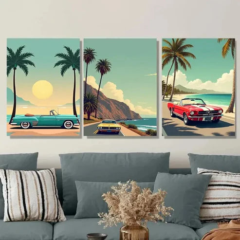 3pcs Vintage Beach Scene Tropical Sunset Cars Wall Art Set Canvas Unframed - High Quality Print 100% Australian Made Wall Canvas