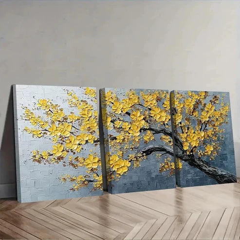 3pcs Painting Of Tree With Yellow Flowers  Wall Art Set Canvas Unframed - High Quality Print 100% Australian Made Wall Canvas