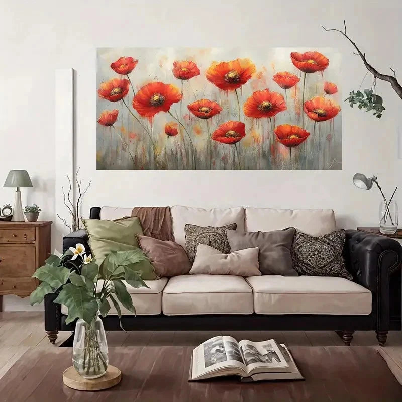 Abstract Red Orange Poppies Wall Art Canvas Office Home Room Framed 120x60cm