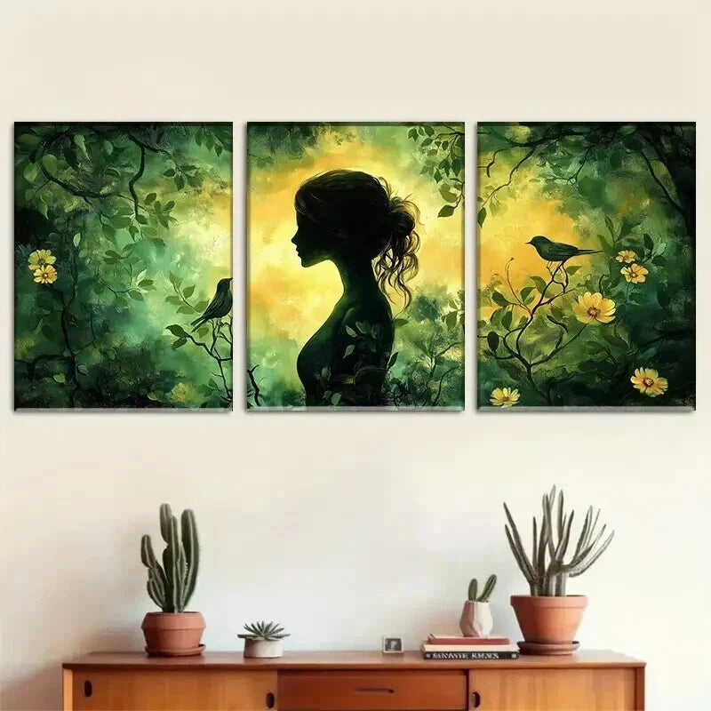 3pcs Mysterious Woman in Green Forest Perfect Wall Art Set Canvas Framed 60x90cm - High Quality Print 100% Australian Made Wall Canvas Ready to Hang - Bella Home Decor