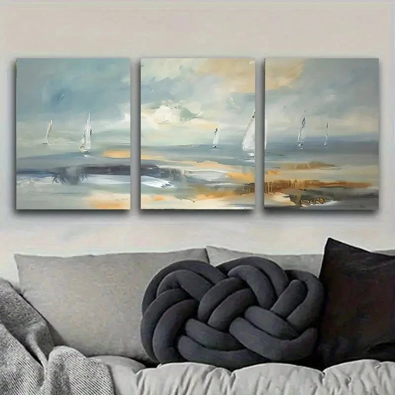 3pcs Seascape with Sailboats Vintage Wall Art Set Canvas Framed 50x70cm - High Quality Print 100% Australian Made Wall Canvas Ready to Hang - Bella Home Decor