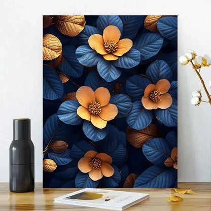 Elegant Blue and Golden Floral Leaves Design 40x60cm Metal Print Ready to Hang - Bella Home Decor