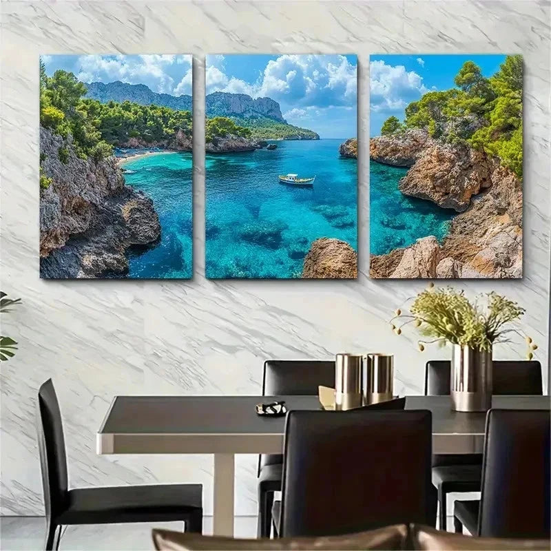 3pcs Mallorca Coastal Scenery Mountain Perfect Wall Art Set Canvas Framed 50x70cm - High Quality Print 100% Australian Made Wall Canvas Ready to Hang