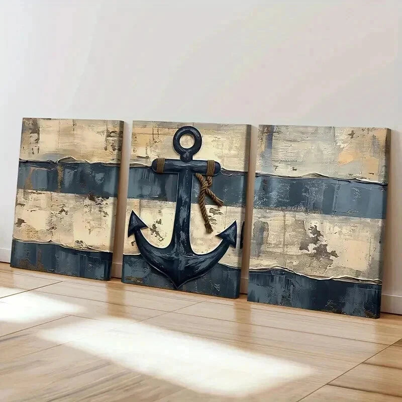 3pcs Nautical Rustic Old Ship Anchor Wall Art Set Canvas Framed 40x60cm - High Quality Print 100% Australian Made Wall Canvas Ready to Hang - Bella Home Decor