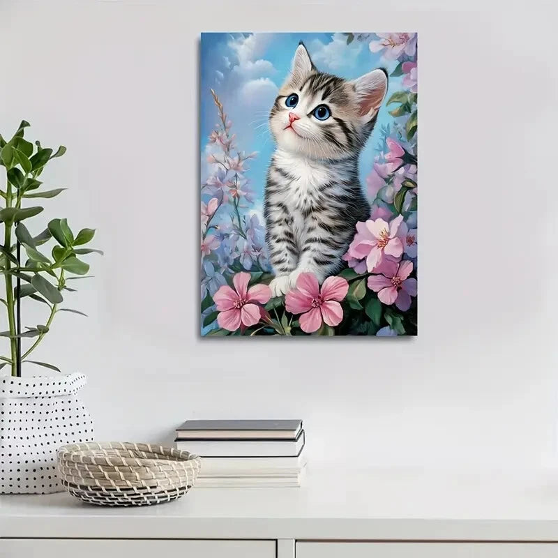 American Shorthair Kitten with Flowers Painting 40x60cm Metal Print Ready to Hang - Bella Home Decor