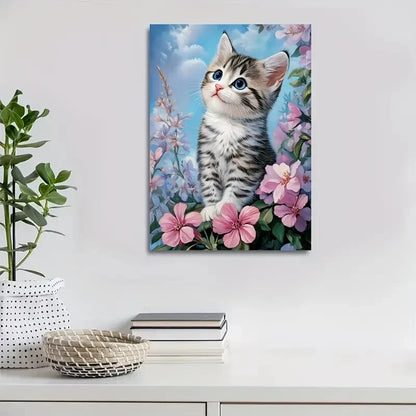 American Shorthair Kitten with Flowers Painting 40x60cm Metal Print Ready to Hang - Bella Home Decor