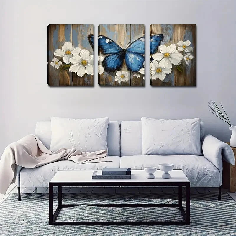 3pcs Blooming Flowers & Blue Butterfly Perfect Wall Art Set Canvas Framed 40x60cm - High Quality Print 100% Australian Made Wall Canvas Ready to Hang - Bella Home Decor