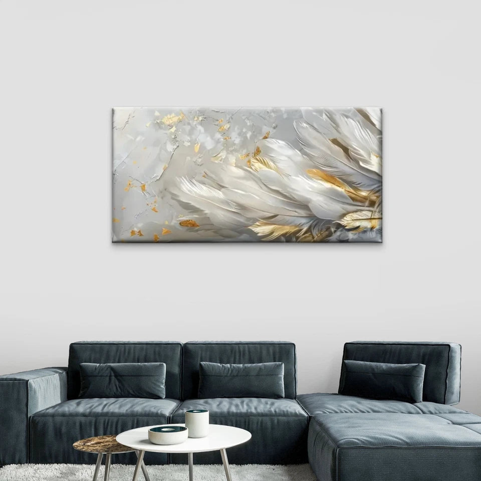 Long Feathers White Gold Wall Art Canvas Office Home Room Framed 120x60cm