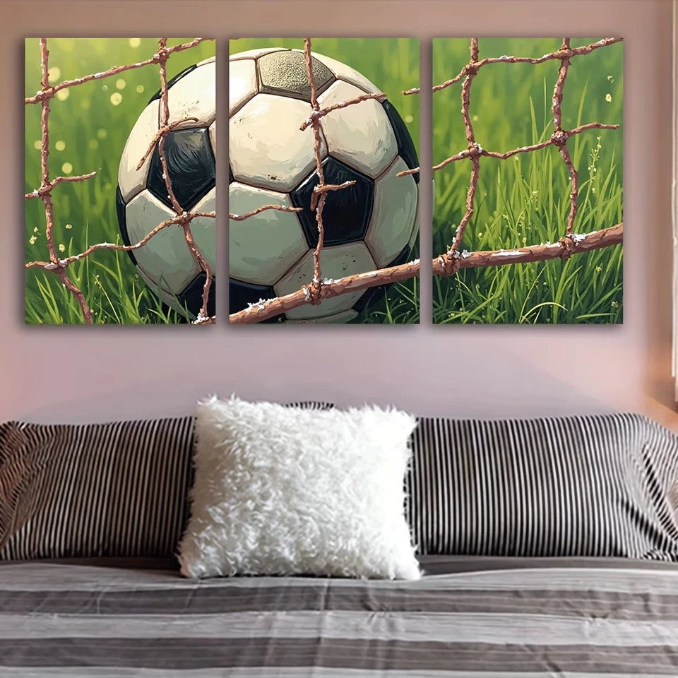 3pcs Soccer Ball in a Goal Net Wall Art Set Canvas Framed 50x70cm - High Quality Print 100% Australian Made Wall Canvas Ready to Hang