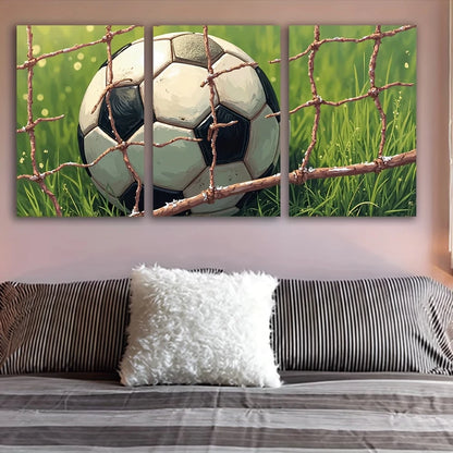 3pcs Soccer Ball in a Goal Net Wall Art Set Canvas Framed 50x70cm - High Quality Print 100% Australian Made Wall Canvas Ready to Hang