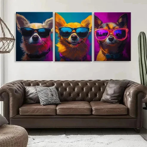 3pcs Cool Chihuahuas in Glasses Vibrant Perfect Wall Art Canvas Unframed - High Quality Print 100% Australian Made Wall Canvas - Bella Home Decor