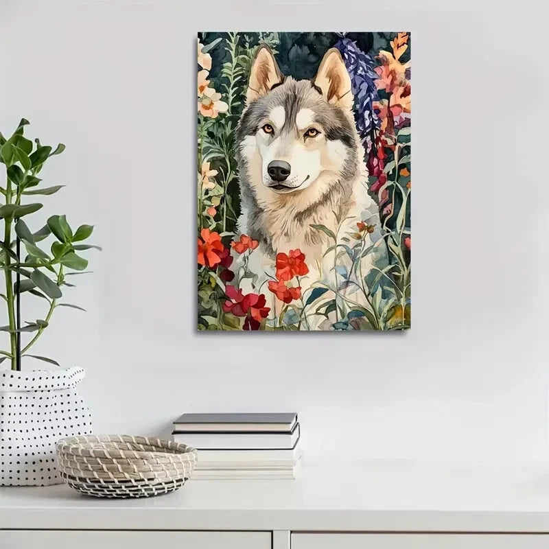 Flowers And Plants Cute Alaskan Malamute Dog 40x60cm Metal Print Ready to Hang