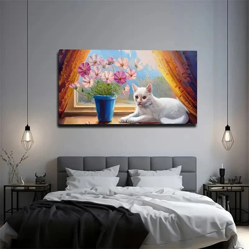 White Cat And Flowers On Wall Art Canvas Office Home Room Framed 120x60cm