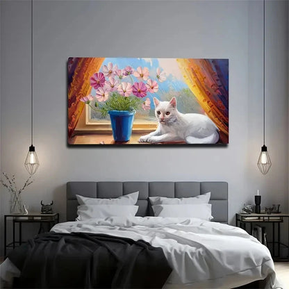 White Cat And Flowers On Wall Art Canvas Office Home Room Framed 120x60cm