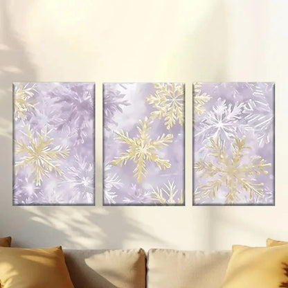 3pcs Purple & Golden Snowflake Pattern Wall Art Set Canvas Framed 60x90cm - High Quality Print 100% Australian Made Wall Canvas Ready to Hang