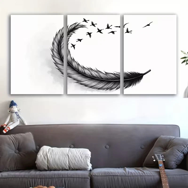 3pcs Black and White Feather Painting Wall Art Set Canvas Framed 60x90cm - High Quality Print 100% Australian Made Wall Canvas Ready to Hang - Bella Home Decor