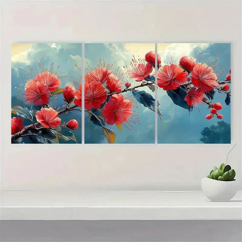 3pcs Tropical Red Flowers Calliandra Wall Art Canvas Unframed - High Quality Print 100% Australian Made Wall Canvas - Bella Home Decor