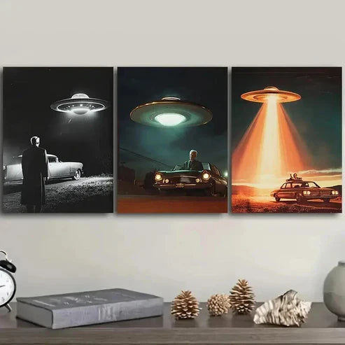 3pcs Unidentified Object on Car Design Perfect Wall Art Set Canvas Unframed - High Quality Print 100% Australian Made Wall Canvas