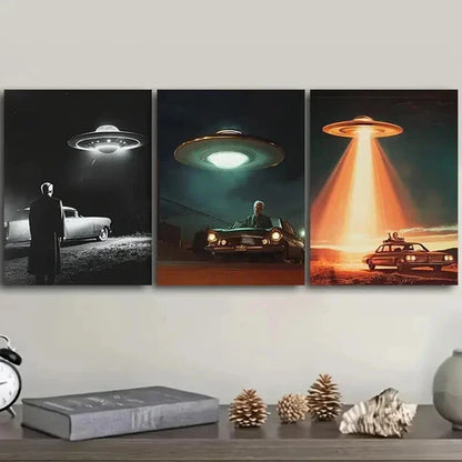 3pcs Unidentified Object on Car Design Perfect Wall Art Set Canvas Unframed - High Quality Print 100% Australian Made Wall Canvas
