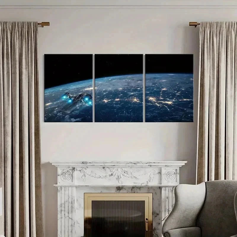 3pcs Outer Space Earth Spaceship Design Wall Art Set Canvas Framed 60x90cm - High Quality Print 100% Australian Made Wall Canvas Ready to Hang