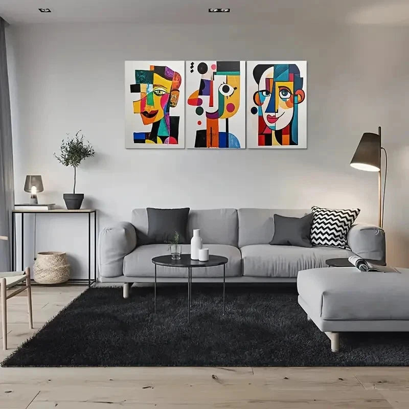 3pcs Abstract Geometric Face Colourful Metal Print Ready to Hang Art - Bella Home Decor