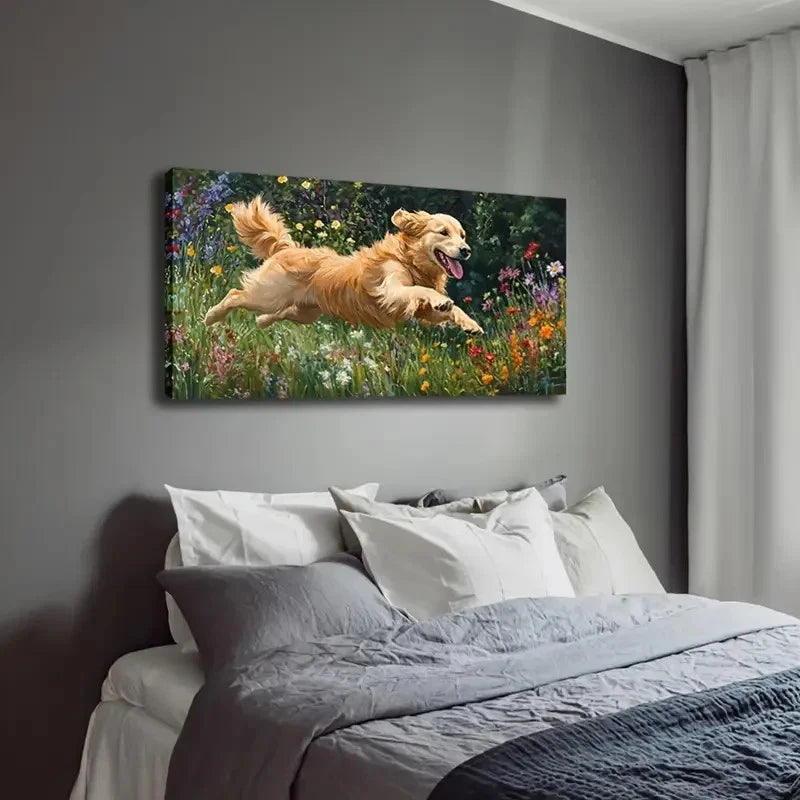 Golden Retriever Dog In Flower Wall Art Canvas Office Home Room Framed 120x60cm - Bella Home Decor