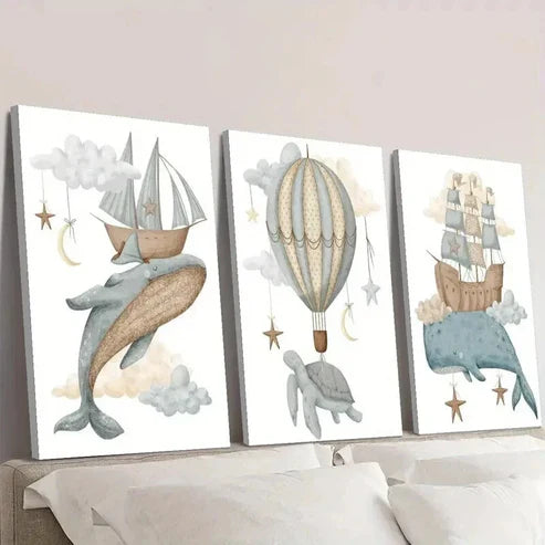 3pcs Whale Turtle Hot Air Balloon & Ship Wall Art Canvas Unframed – High Quality Print 100% Australian Made Wall Canvas