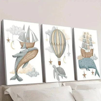 3pcs Whale Turtle Hot Air Balloon & Ship Wall Art Canvas Unframed – High Quality Print 100% Australian Made Wall Canvas