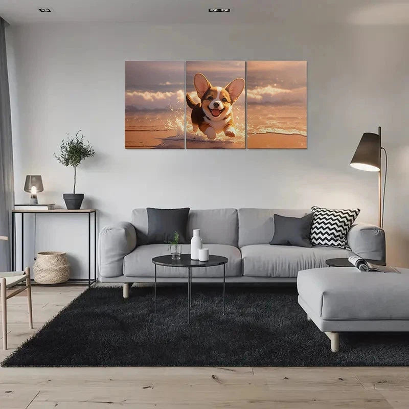 3pcs Adorable Corgi Running on the Beach Metal Print Ready to Hang Art - Bella Home Decor