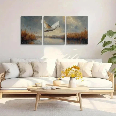 3pcs Serene Landscape with Swans and Reeds Art Set Canvas Unframed - High Quality Print 100% Australian Made Wall Canvas
